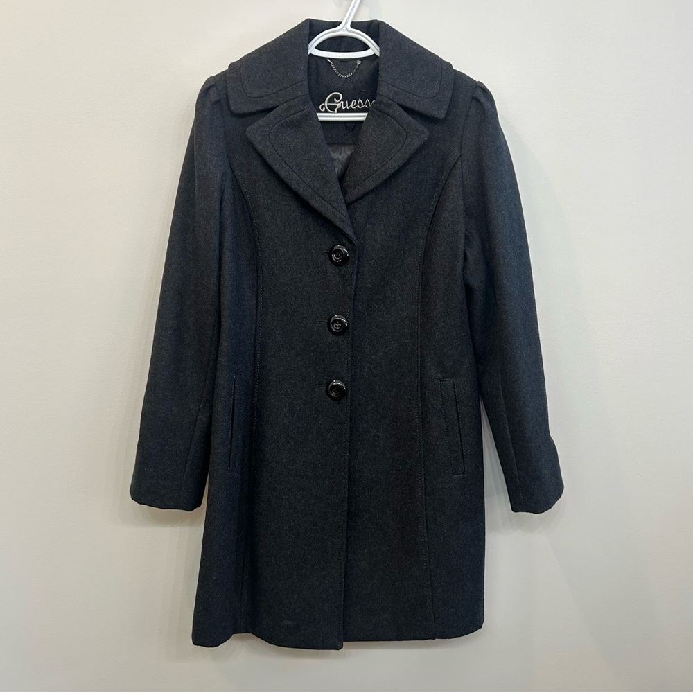 Guess Woman’s Wool Blend Peacoat Charcoal Colored Lined Split Collar Coat Size L